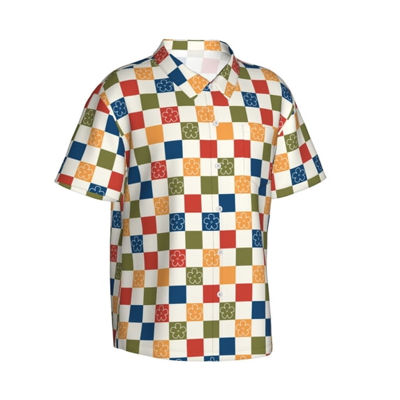 Lsque Floral Checkerboard pattern Hawaiian Shirt for Men, Unisex Summer Beach Casual Short Sleeve Button Down Shirts-Large