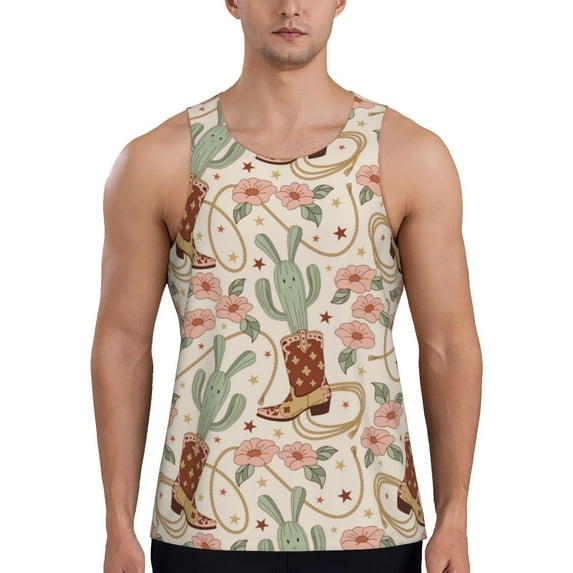 Lsque Floral Cowboy Boots Pattern Mens Tank Tops Muscle Athletic Quick Dry Sleeveless Workout Fitness T Shirts Beach Tank Top, Loose-fit Sleeveless Shirt for Men-Small
