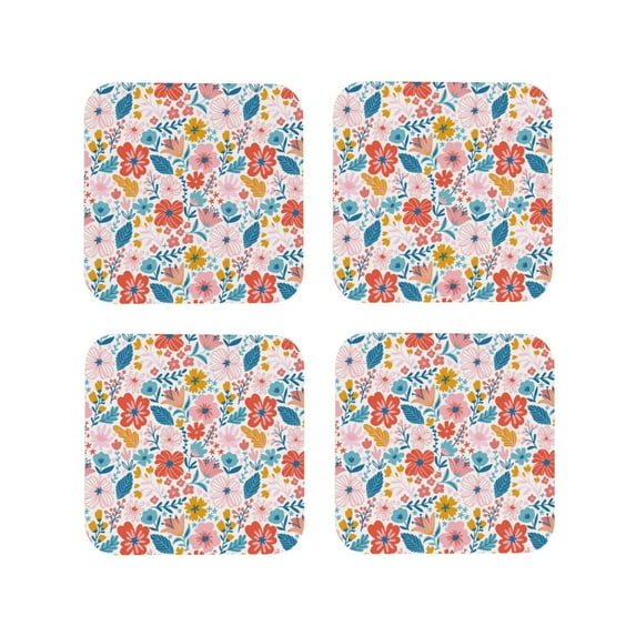 Lsque Floral Ditsy Pattern 4" Drink Coasters Set of 4, PVC Leather Absorbent Coasters, Table Coaster Set Decorative Coffee Cup Coasters Housewarming Gift -Square