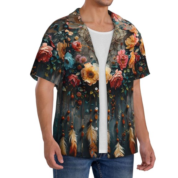 Lsque Floral Dreamcatcher Elegance print Men's Cuban Collar Short Sleeve Shirt Summer Beachwear Casual Button Down Fashionable Vacation Leisure Shirt-XX-Large