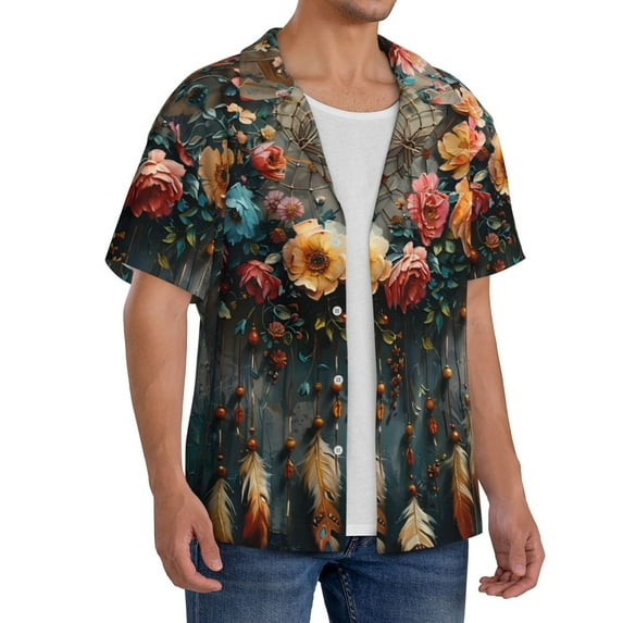Lsque Floral Dreamcatcher Elegance print Men's Cuban Collar Short Sleeve Shirt Summer Beachwear Casual Button Down Fashionable Vacation Leisure Shirt-4X-Large