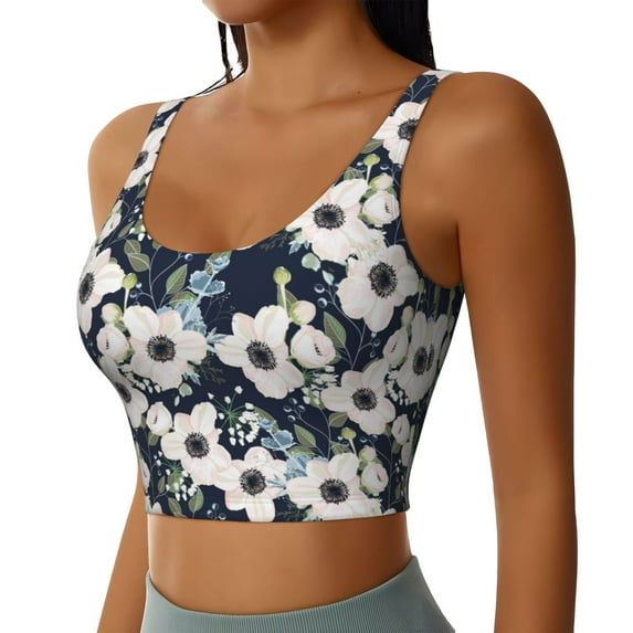 Lsque Floral Flowers Blue Printed Women'S Sports Bra, Compression, Moisture Wicking, High-Impact Sports Bra For Women,Supportive sports bra-Medium