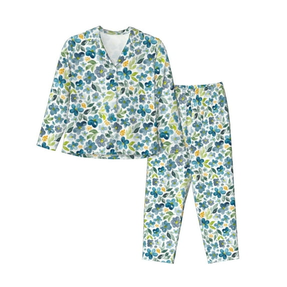 Lsque Floral In Blue Pattern Long Sleeve Pajama Set for Women - Soft 2-Piece Sleepwear and Loungewear Set with Pockets, Comfy Nightwear-Small