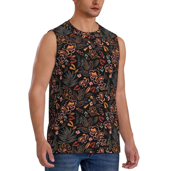 Lsque Floral Print Men's Cotton Blend Sleeveless Muscle Shirts (S-3XL)- Moisture Wicking, Odor Protection, UPF 30+,Small