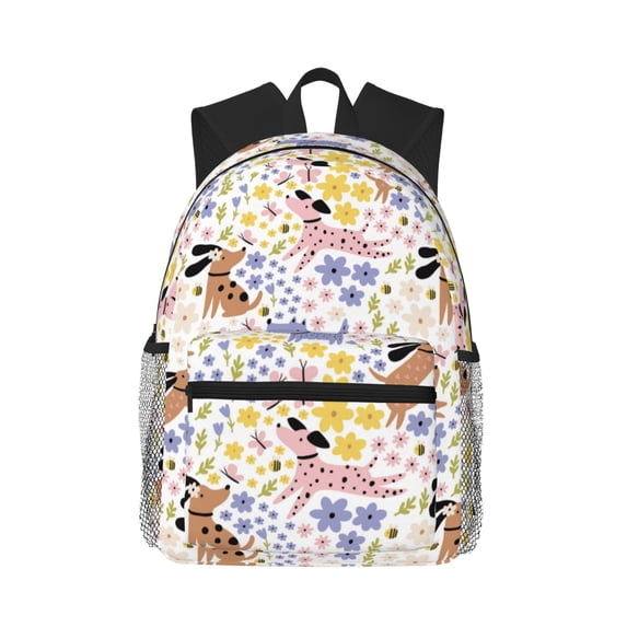 Lsque Floral Puppy Classic Casual Backpack - Large Capacity Water-Resistant Backpack for School, Work, Travel, and Outdoor Activities