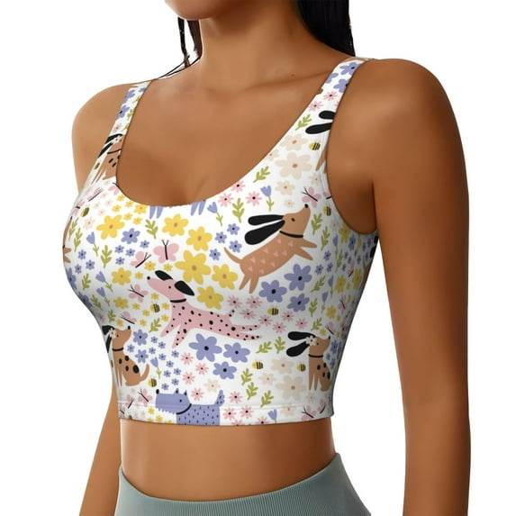 Lsque Floral Puppy Printed Women'S Sports Bra, Compression, Moisture Wicking, High-Impact Sports Bra For Women,Supportive sports bra-XX-Large