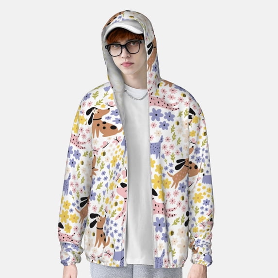 Lsque Floral Puppy UPF 50+ Lightweight Sun Protection Men's Women's Long Sleeve Shirt, Hoodie Performance -XX-Large
