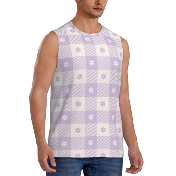 Lsque Floral Purple Buffalo Plaid Print Men's Cotton Blend Sleeveless Muscle Shirts (S-3XL)- Moisture Wicking, Odor Protection, UPF 30+,Medium