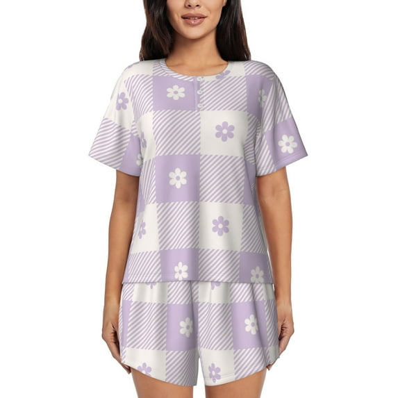Lsque Floral Purple Buffalo Plaid Women's Short-Sleeved Pajama Set - 2 Piece Soft and Lightweight Sleepwear Set-3X-Large