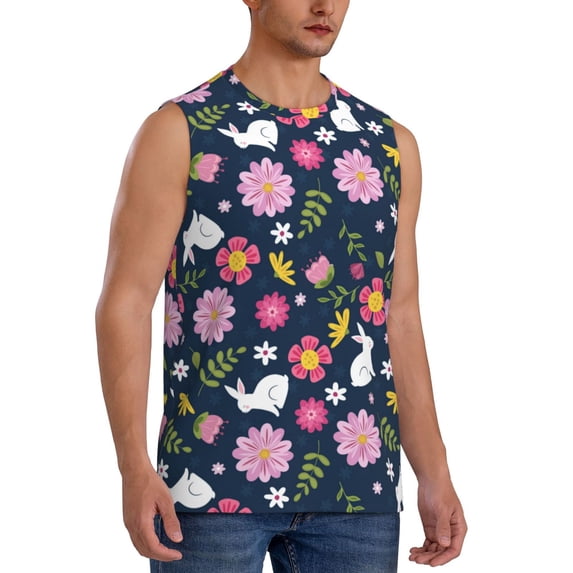 Lsque Floral Rabbit Print Men's Cotton Blend Sleeveless Muscle Shirts (S-3XL)- Moisture Wicking, Odor Protection, UPF 30+,X-Large
