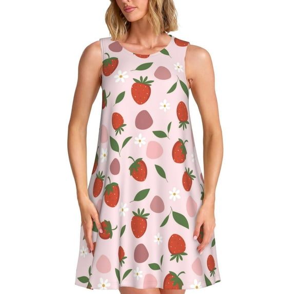 Lsque Floral Strawberr Pattern Summer Dresses for Women – Sleeveless T-Shirt Swing Sundress, Perfect for the Beach and Casual Days