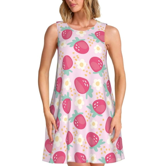 Lsque Floral Strawberr Pattern Summer Dresses for Women – Sleeveless T-Shirt Swing Sundress, Perfect for the Beach and Casual Days