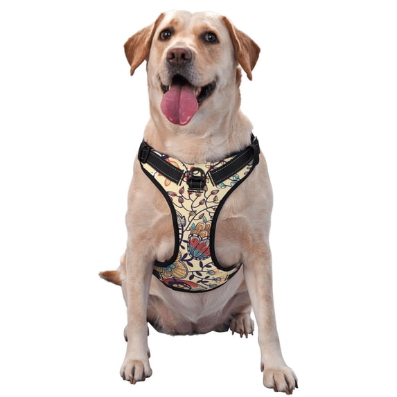 Lsque Floral With Birds And Fantasy Flowers Dog Harness, No-Pull Pet Harness with 2 Leash Clips, Adjustable Soft Padded Dog Vest with Easy Control Handle for Large Dogs-Large