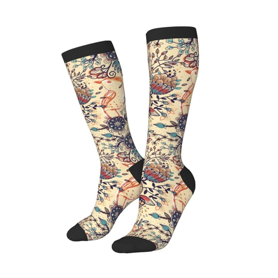Lsque Floral With Birds And Fantasy Flowers Printed Crew Socks Men's Women's LightWeight Thin Casual Calf Socks ,Knee High Socks,Cotton Socks