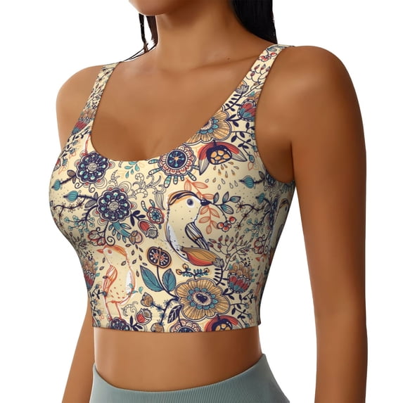 Lsque Floral With Birds Printed Women'S Sports Bra, Compression, Moisture Wicking, High-Impact Sports Bra For Women,Supportive sports bra-Large