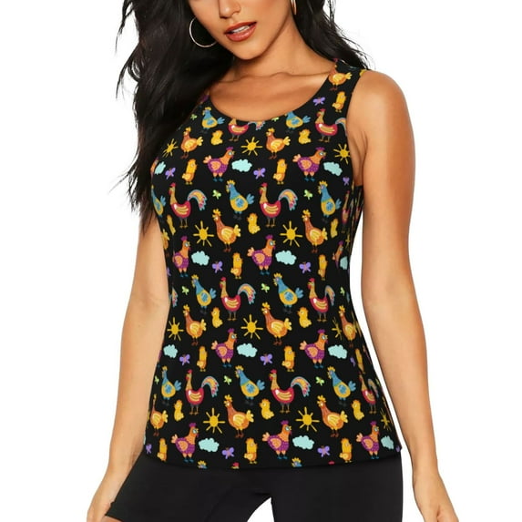 Lsque Flowe Rooster Printed Workout Tank Tops for Women, Athletic Sports Tank Tops, Compression Sleeveless Dry Fit Shirts,Sleeveless Yoga Shirt-Large