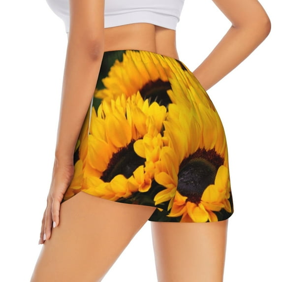 Lsque Flower Bush Sunflower Printed Women's Running Shorts with Liner Pockets,Elastic Quick Dry Workout Athletic Gym Yoga Shorts,Womens High Waist Shorts-X-Large