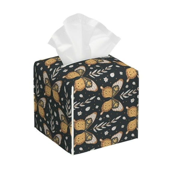 Lsque Flower Butterfly Printed Tissue Box Cover Holder, Facial Paper Organizer Dispenser,Square with Bottom Belt, PVC Leather Decorative Organizer