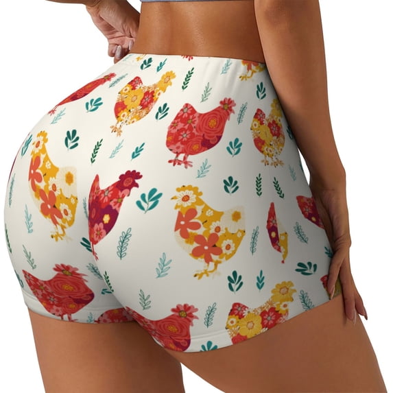 Lsque Flower Chicken Pattern High Waisted Biker Shorts for Women-Tummy Control Fitness Athletic Workout Running Yoga Gym Shorts,Moisture-Wicking-Medium