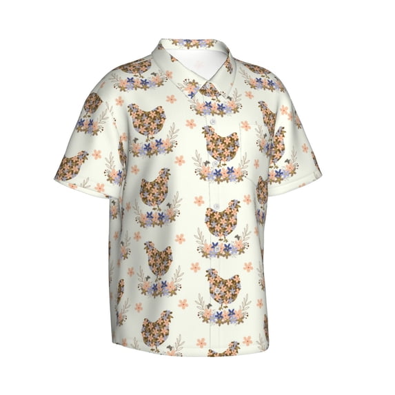 Lsque Flower Chicken pattern Hawaiian Shirt for Men, Unisex Summer Beach Casual Short Sleeve Button Down Shirts-X-Large