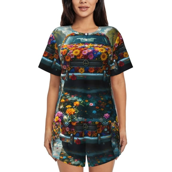 Lsque Flower Covered Vintage Car Women's Short-Sleeved Pajama Set - 2 Piece Soft and Lightweight Sleepwear Set-Large