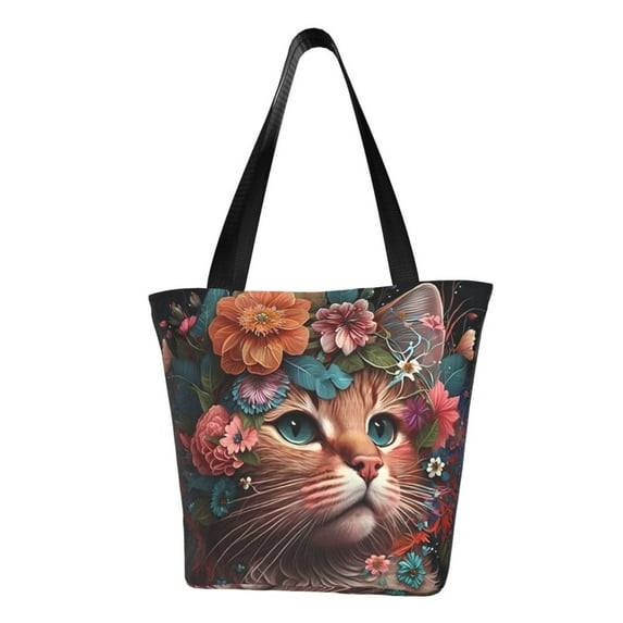 Lsque Flower Crown Cat Pattern Beach Tote,Shoulder Handbag,Spacious Tote Bag,Lightweight Travel Bag,Versatile Shopping Bag