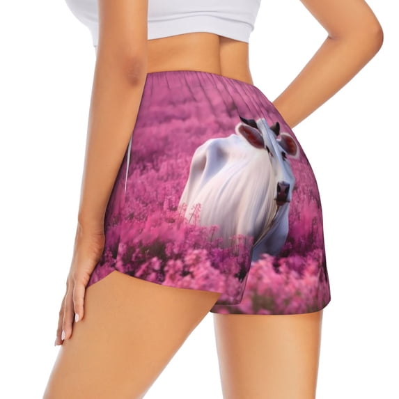 Lsque Flower Field Cow Printed Women's Running Shorts with Liner Pockets,Elastic Quick Dry Workout Athletic Gym Yoga Shorts,Womens High Waist Shorts-X-Large