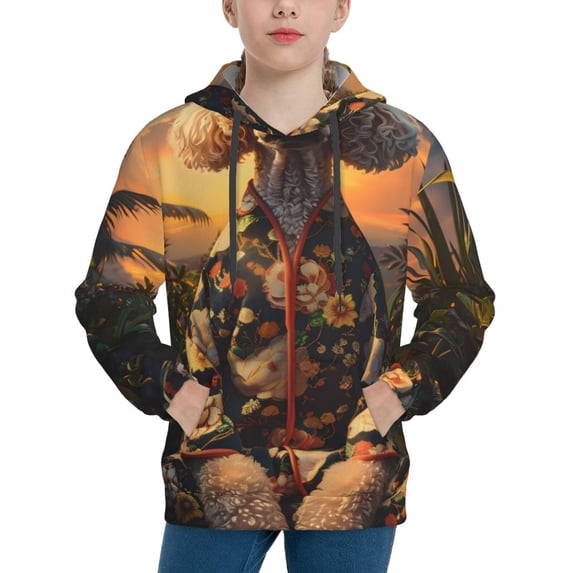Lsque Flower Field Poodle Patten Youth Hoodie Sweatshirt Pullover with Kangaroo Pocket Boys and Girls Hoodie Warm Hoodie for Kids-Large