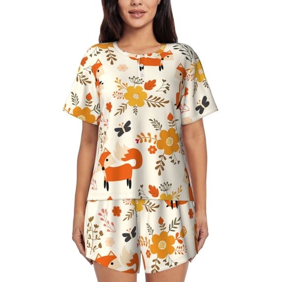 Lsque Flower Fox Women's Short-Sleeved Pajama Set - 2 Piece Soft and Lightweight Sleepwear Set-Large