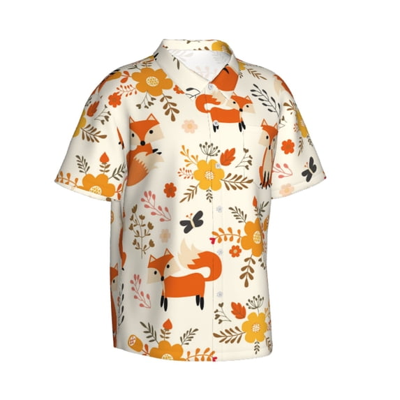 Lsque Flower Fox pattern Hawaiian Shirt for Men, Unisex Summer Beach Casual Short Sleeve Button Down Shirts-XX-Large