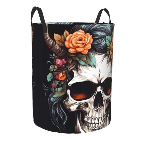Lsque Flower Horn Skull pattern Laundry Hamper Basket, Tall Woven Rope Hamper Basket for Clothes, Lightweight Storage Basket, Collapsible Waterproof-Medium
