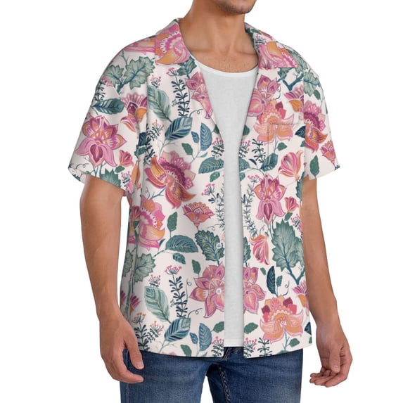 Lsque Flower Leaves print Men's Cuban Collar Short Sleeve Shirt Summer Beachwear Casual Button Down Fashionable Vacation Leisure Shirt-Large