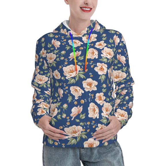 Lsque Flower Pattern Casual Women's Hoodie,Hooded Sweatshirt with Kangaroo Pocket,Pullover Hoodie with Eye-catching Drawstrings-Large