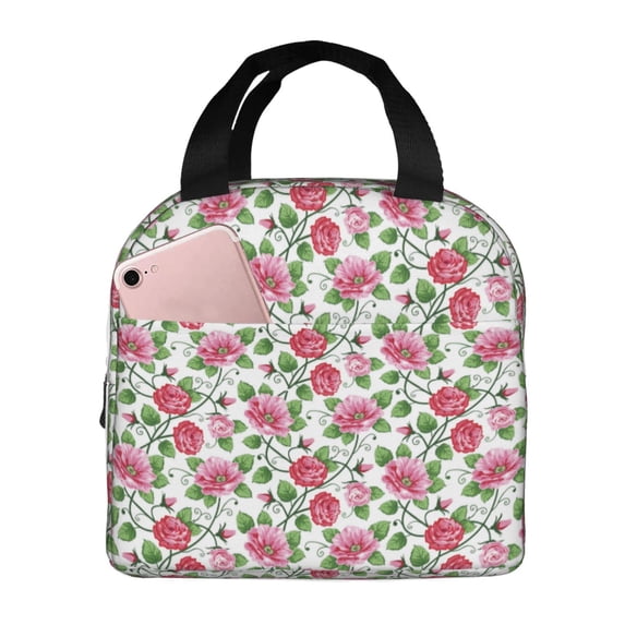 Lsque Flower Pattern Lunch Bag Women/Men Insulated Lunch Box,Small Leakproof Cooler Food Lunch Containers Reusable High Capacity Lunch Tote Bags