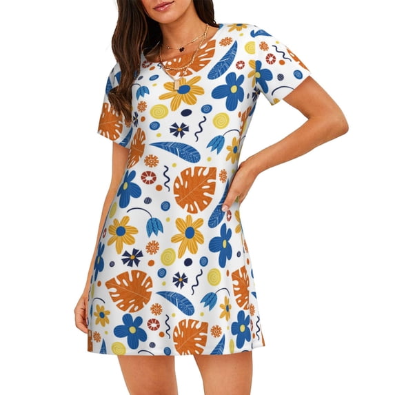 Lsque Flower Pattern Nightgowns for Women Sleep Shirts Short Sleeve Nightshirt Pullover Nightdress Soft Sleepwear Relaxed Fit Nightdress