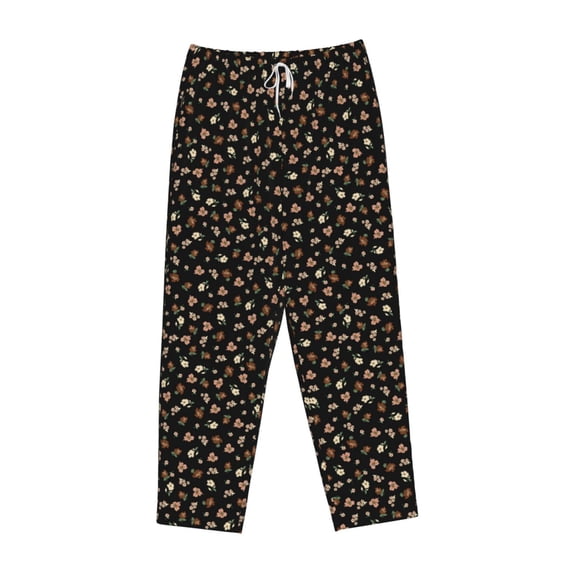 Lsque Flower Pattern On Black Print Women's Pajama Pants, Lounge Pant - Comfortable Home Wear,Elastic Waistband, Stylish Design-Large