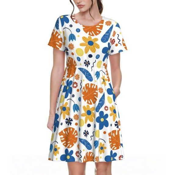 Lsque Flower Print Women's Casual Dress T-Shirt Summer Short Sleeve Scoop Neck Swing Dresses