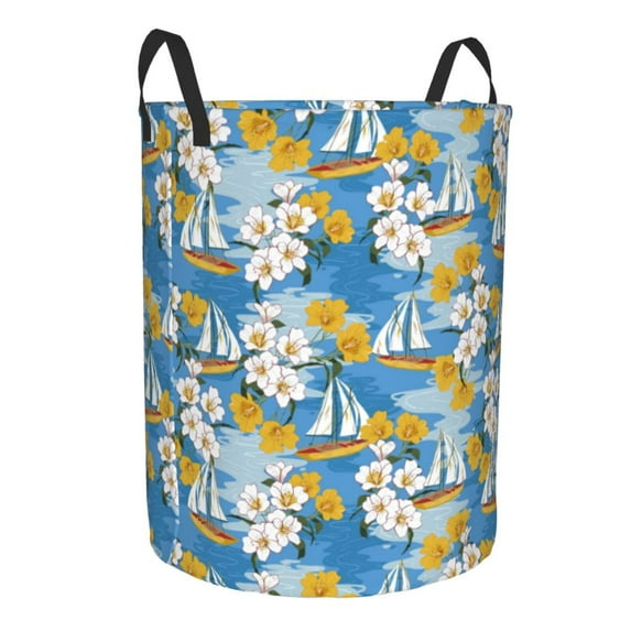 Lsque Flower and Sail Boat pattern Laundry Hamper Basket, Tall Woven Rope Hamper Basket for Clothes, Lightweight Storage Basket, Collapsible Waterproof-Small