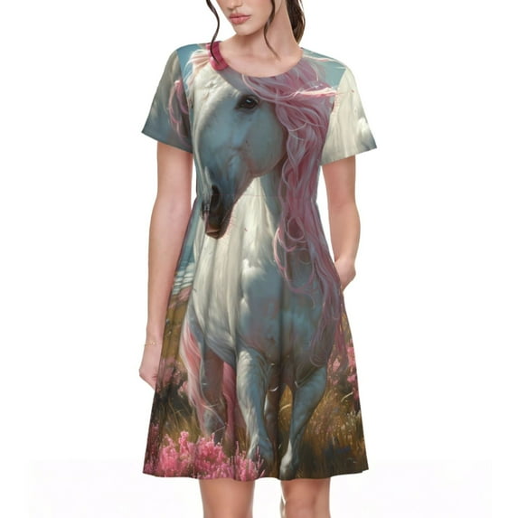 Lsque Flower White Horse (2) Print Women's Casual Dress T-Shirt Summer Short Sleeve Scoop Neck Swing Dresses