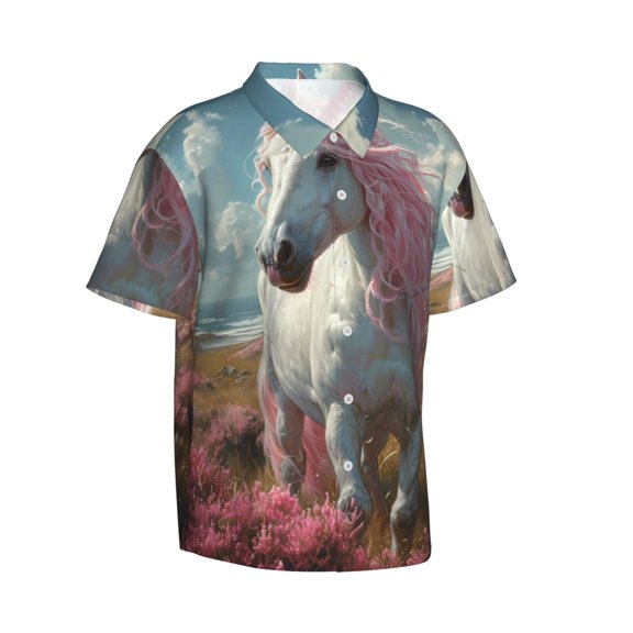 Lsque Flower White Horse (2) pattern Hawaiian Shirt for Men, Unisex Summer Beach Casual Short Sleeve Button Down Shirts-Small