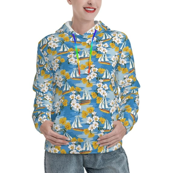 Lsque Flower and Sail Boat Pattern Casual Women's Hoodie,Hooded Sweatshirt with Kangaroo Pocket,Pullover Hoodie with Eye-catching Drawstrings-X-Large