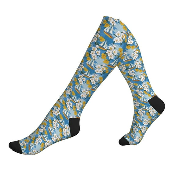 Lsque Flower and Sail Boat Pattern Sport Compression Socks for Men & Women 15-20 mmHg Knee High Nurse Pregnant Running Medical and Travel Athletic