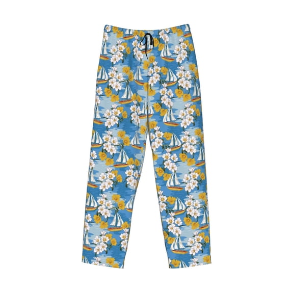 Lsque Flower and Sail Boat Print Men's Pajama Pants, Lounge Pant - Comfortable Home Wear,Elastic Waistband, Stylish Design-X-Large