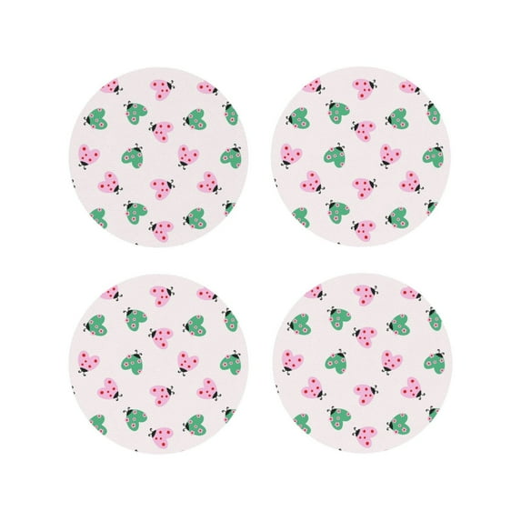 Lsque Flower on ladybirds Pattern 4" Drink Coasters Set of 4, PVC Leather Absorbent Coasters, Table Coaster Set Decorative Coffee Cup Coasters Housewarming Gift-Round Shape