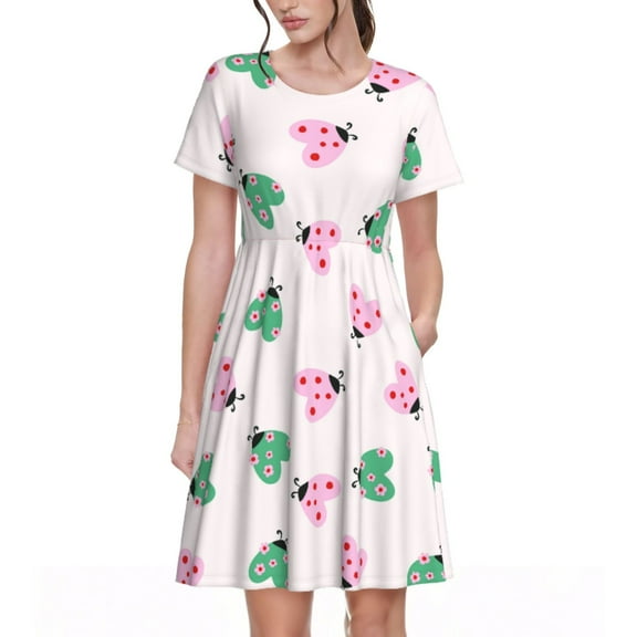 Lsque Flower on ladybirds Print Women's Casual Dress T-Shirt Summer Short Sleeve Scoop Neck Swing Dresses
