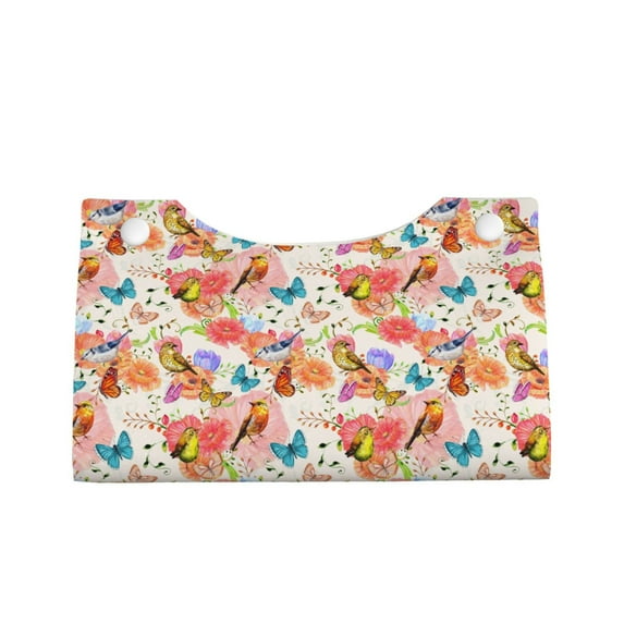Lsque Flowers And Birds Watercolor Printed Long Tissue Box Cover Holder, Facial Paper Organizer Dispenser,Triangle with Bottom Belt, PVC Leather Decorative Organizer