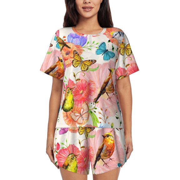Lsque Flowers And Birds Watercolor Women's Short-Sleeved Pajama Set - 2 Piece Soft and Lightweight Sleepwear Set-Small