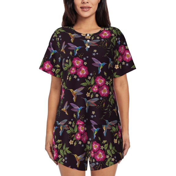 Lsque Flowers And Humming Bird1 Women's Short-Sleeved Pajama Set - 2 Piece Soft and Lightweight Sleepwear Set-XX-Large