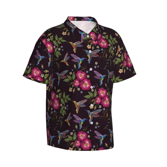 Lsque Flowers And Humming Bird1 pattern Hawaiian Shirt for Men, Unisex Summer Beach Casual Short Sleeve Button Down Shirts-XX-Large