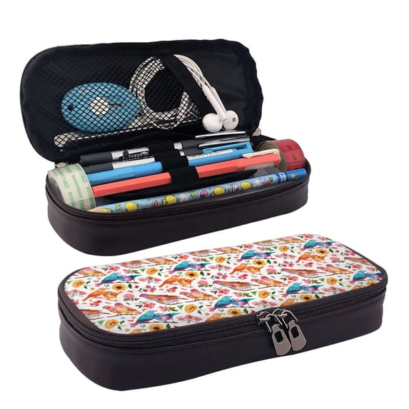 Lsque Flowers Birds And Butterflies Printed Big Capacity PU Leather Pencil Case Large Pencil Pouch Stationery Pen Bag Pencil Holder for Teen